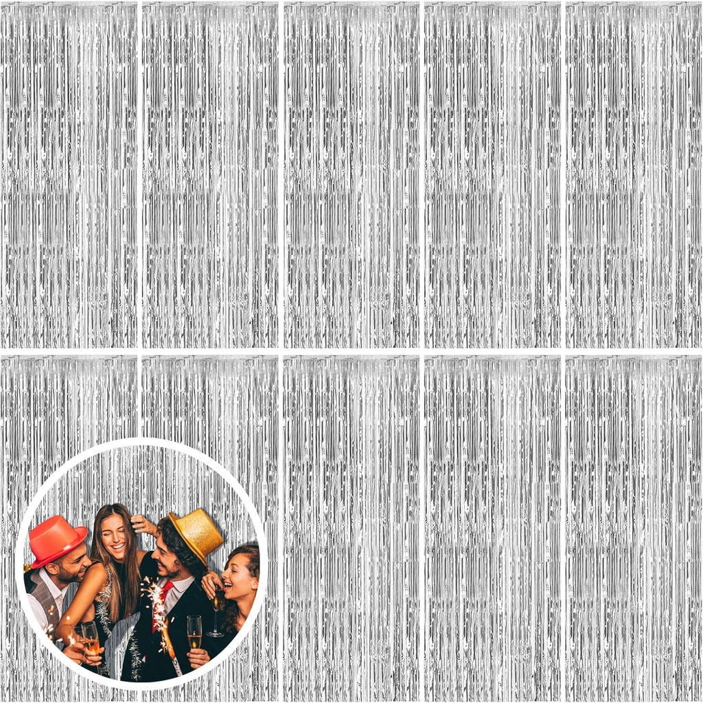 Skiennix Silver Backdrop Curtain - 10 Pack Foil Fringe Tinsel Streamers for Parties & Events
