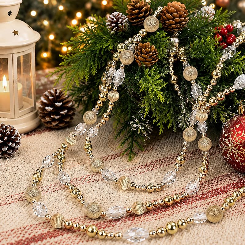 Golden 3pc 30ft Christmas Bead Garland Set - Gold Beaded Garland for Tree, Mantel & Wreath (Variation: Golden-3pcs)
