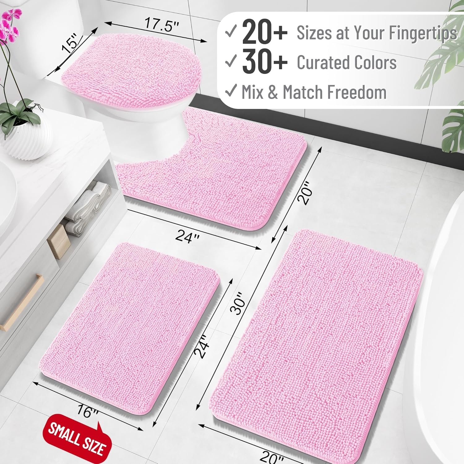 OLANLY U-Shaped Toilet Rugs - Extra Soft Chenille, Quick-Dry, Non-Slip Bath Mat | 24x20, Pink