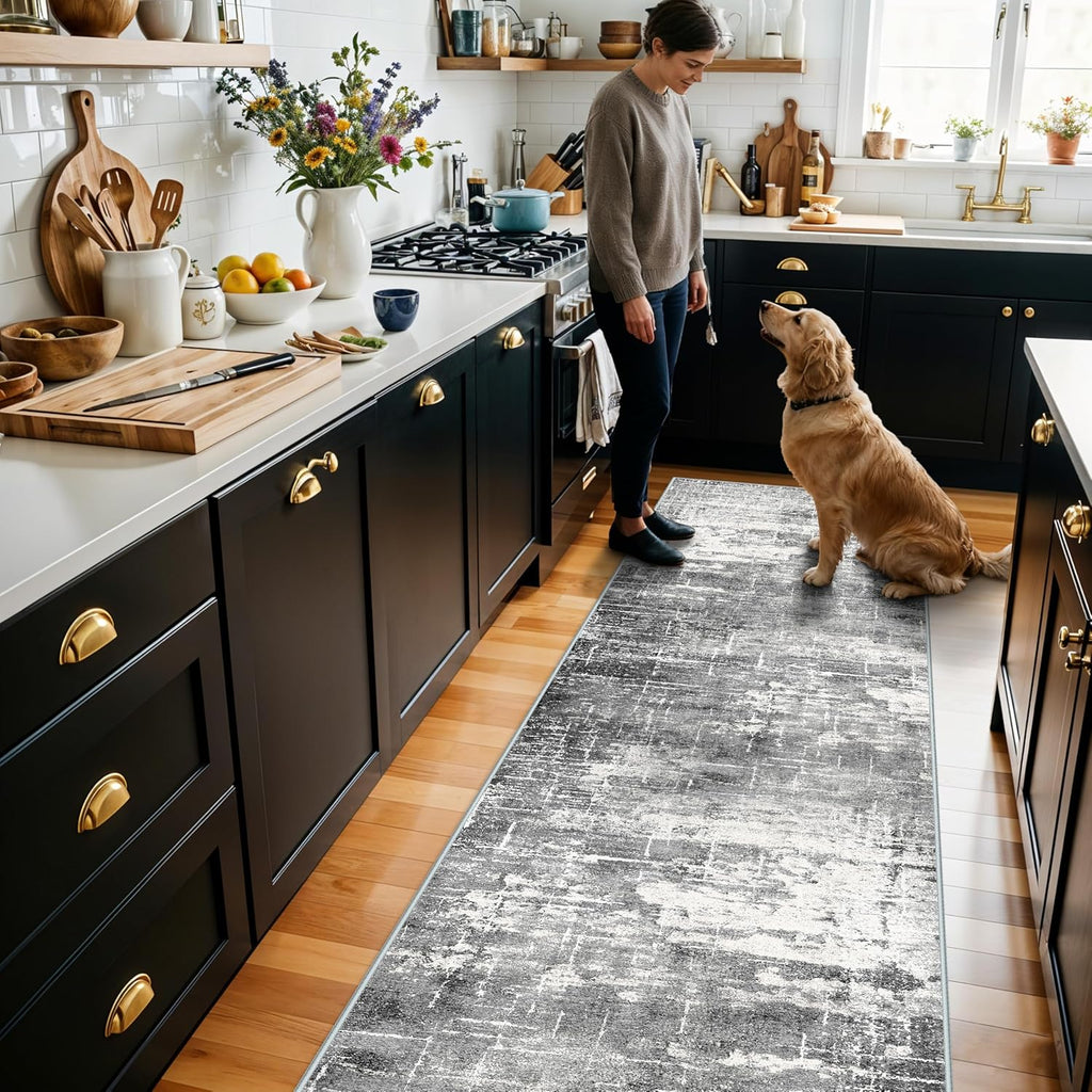 Skiennix Washable Kitchen Area Rug - Soft Non-Slip Abstract Runner for Living Room & Bathroom | 2x10 ft, Black/Grey