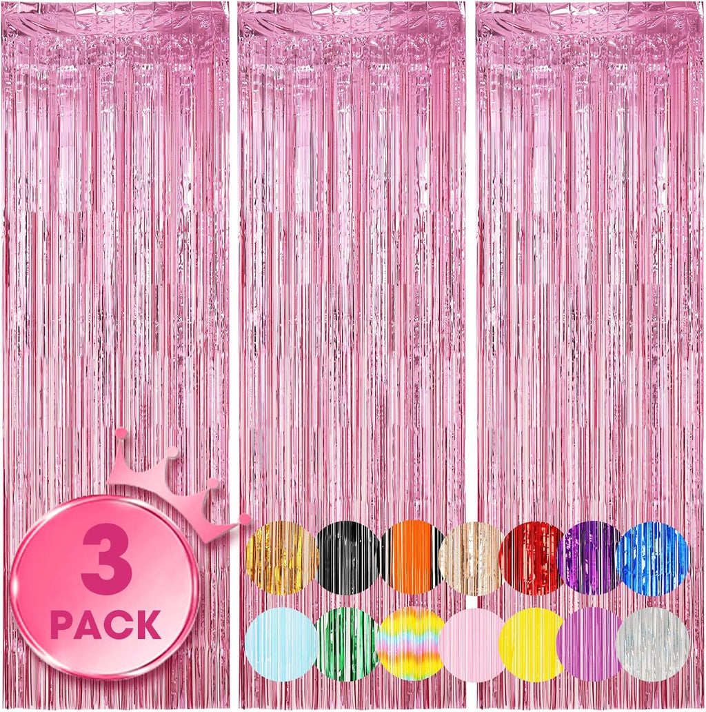 Voircoloria Light Pink Foil Fringe Backdrop Curtains - 3 Pack | Perfect for Birthday, Graduation, Baby Shower & Disco Parties