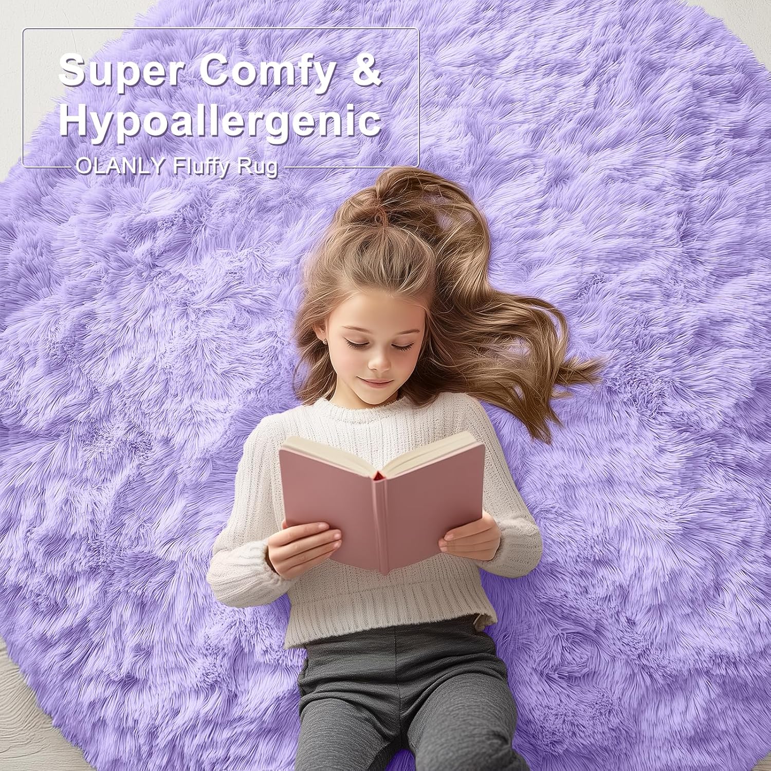 OLANLY Round Light Purple Area Rug - Soft, Fluffy, Machine Washable 6 ft Carpet for Bedrooms & Nurseries