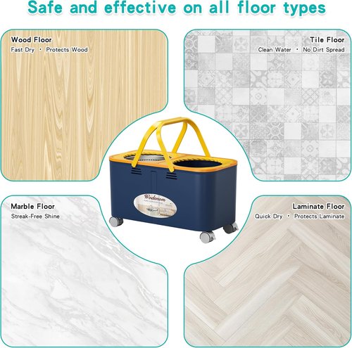 Compact Spin Mop by [Brand Name] - 360° Swivel Wheels, Clean & Dirty Water System, 6 Reusable Mop Heads | Blue/Yellow
