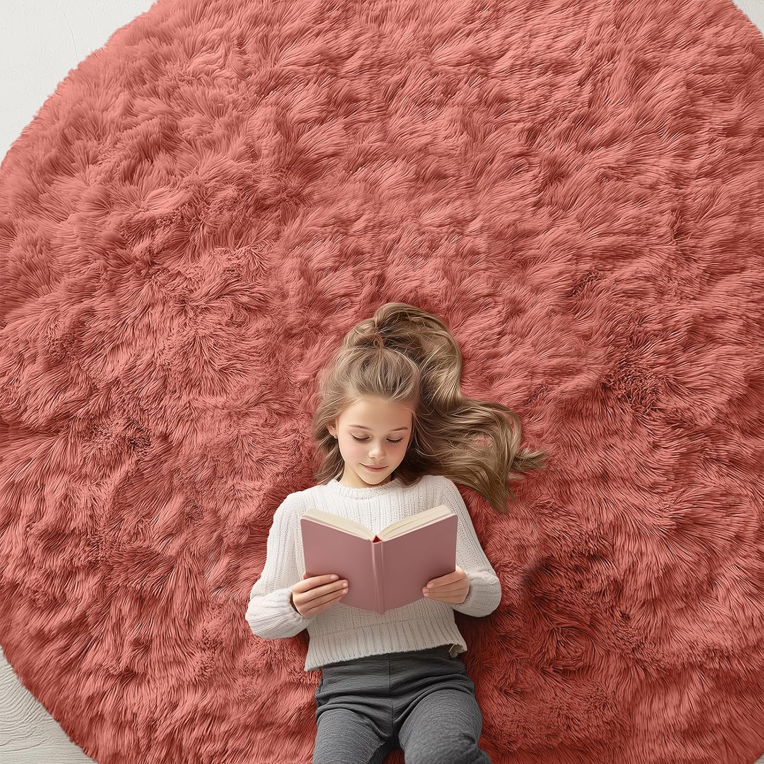 OLANLY Round Rugs - Soft Rust Red Shaggy Area Rug, 7 ft Machine Washable Carpet for Bedroom & Living Room