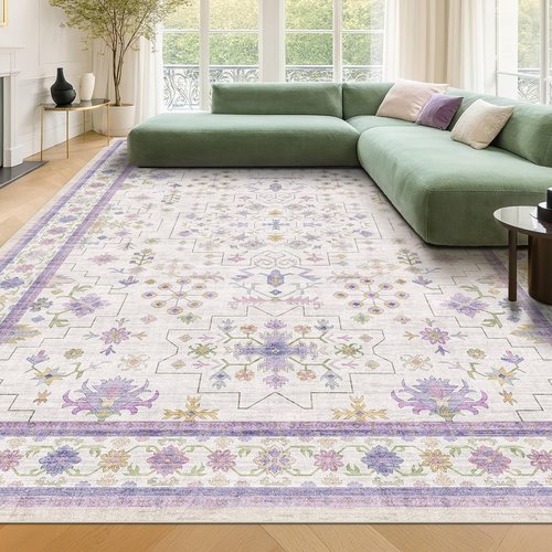 Lavender Floral Area Rug by [Brand Name] - 8x10 Large Non-Slip, Stain-Resistant, Washable Carpet for Bedroom & Living Room