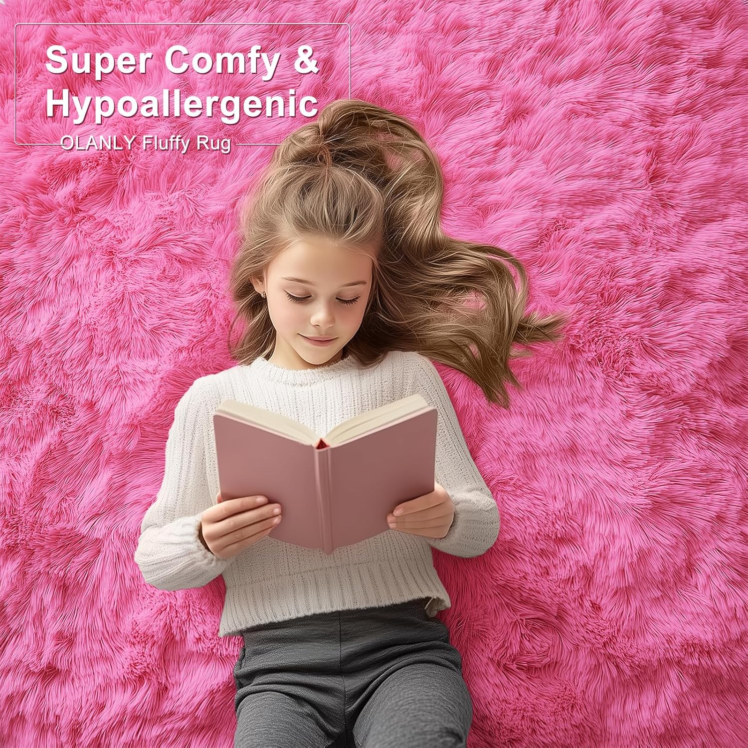 OLANLY Soft Fluffy Shaggy Bedside Rug - Machine Washable 3x5 for Kids & Nursery | Hot Pink Home Decor