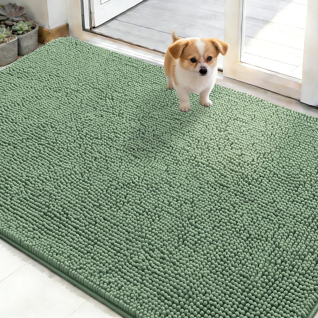 OLANLY Dog Door Mat - Absorbent Non-Slip Chenille for Muddy Paws | 48x30 Inches, Quick Dry, Olive Green