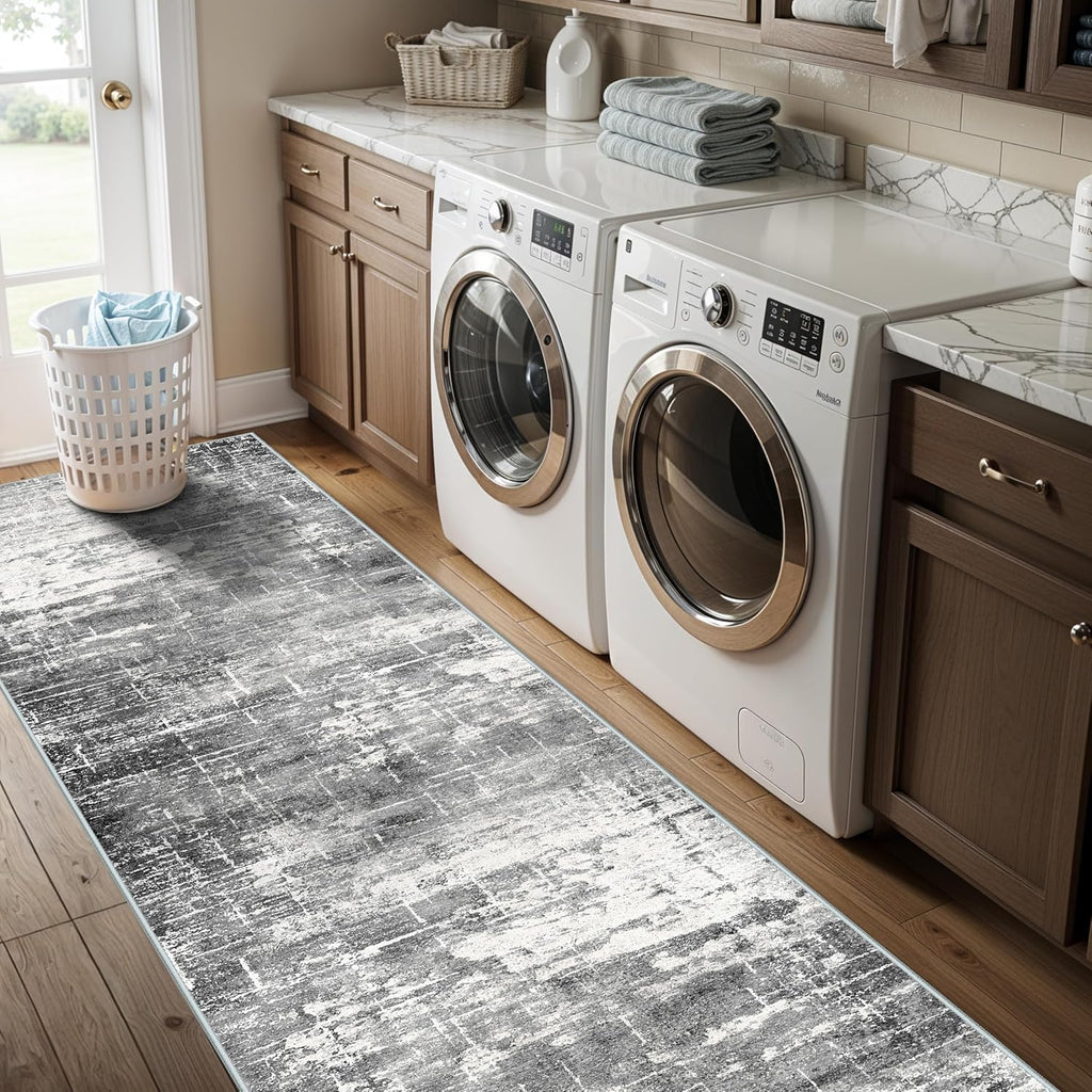 Skiennix Washable Kitchen Area Rug - Soft Non-Slip Abstract Runner for Living Room & Bathroom | 2x10 ft, Black/Grey