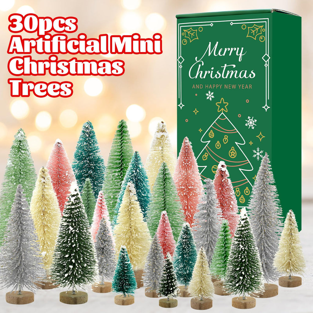 30 PCS Mini Bottle Brush Christmas Trees with Wood Base, Small Pine Tree Sisal Trees for Christmas Table Top Decor Winter Crafts Ornaments