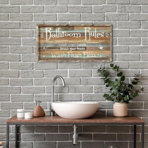 Framed Bathroom Wall Art - Funny Bath Rules Wooden Sign | Rustic Decor for Home & Kids Room