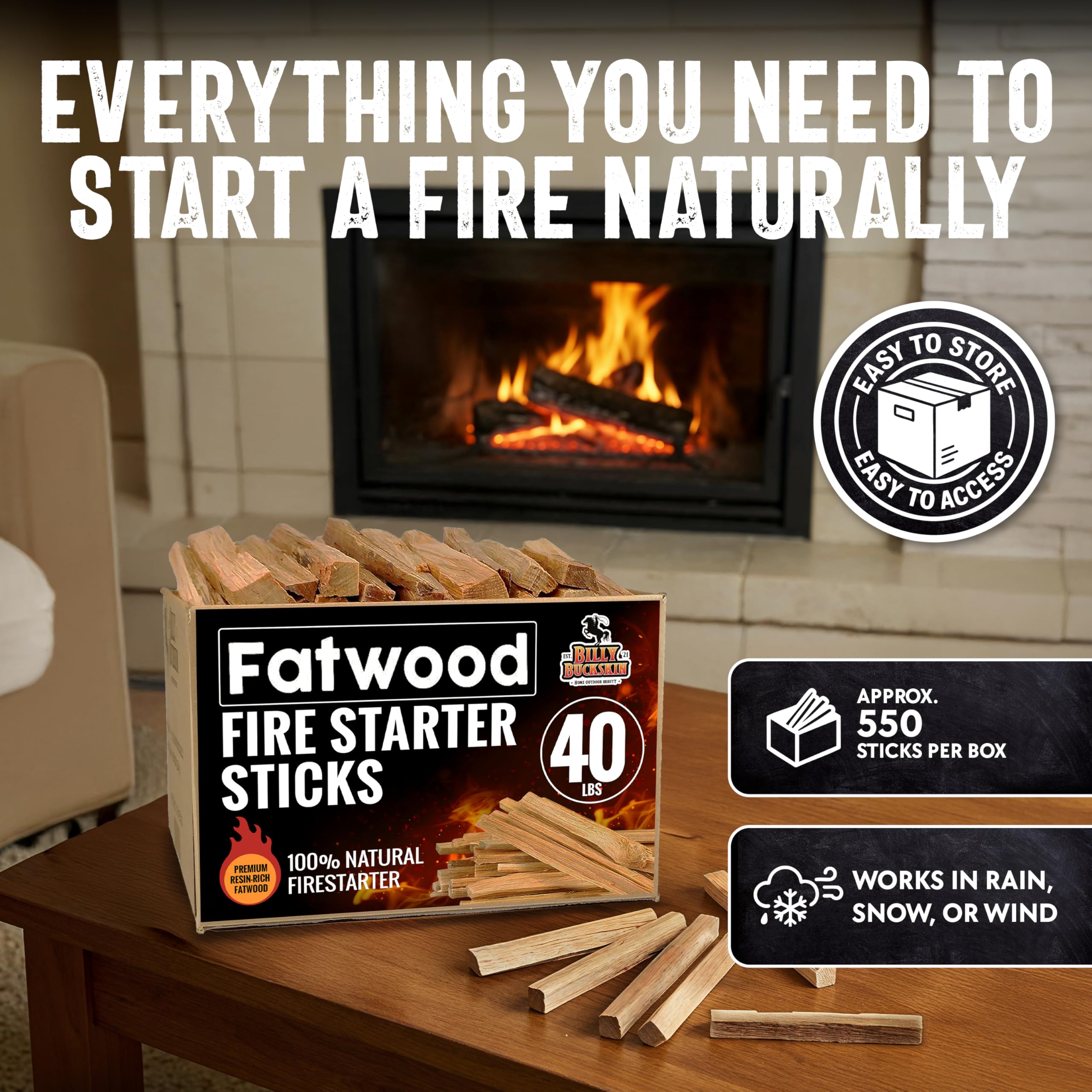 40lb Fatwood Fire Starter Sticks | 100% Natural Fire Starters for Grill, Campfire, Wood Stoves, Bonfires | Easy Firestarter w/Just 2 Sticks in All Weather Conditions by Billy Buckskin (40lb Box)