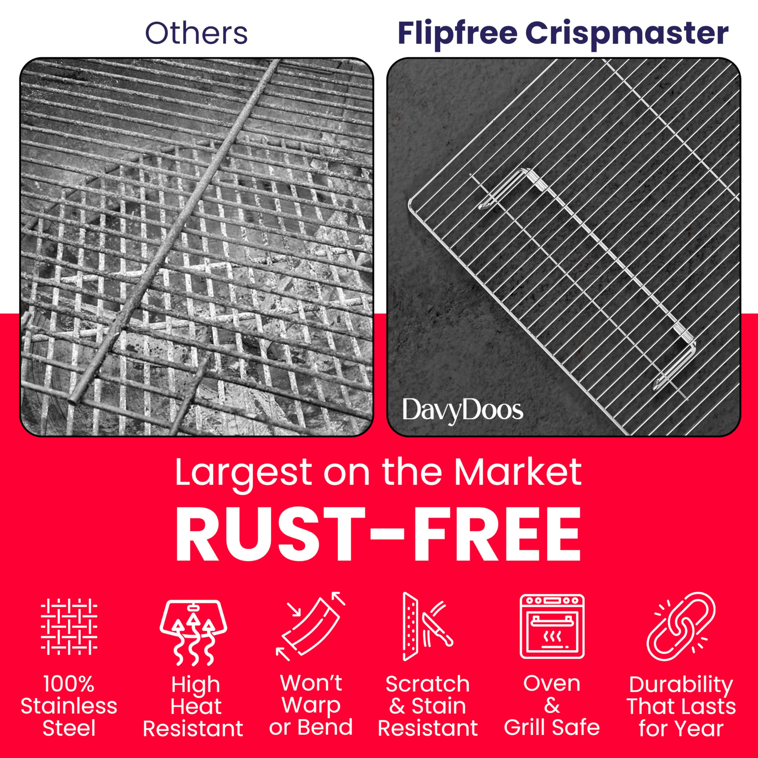 Flip-Free Crispmaster 1st Ever 4-Inch Elevated Roasting, Baking, and BBQ Rack for 360° Heat Stainless Steel Wings, Fries, Chicken, Veggies, Turkey for Oven, Grill, or Smoker 17” x 13”