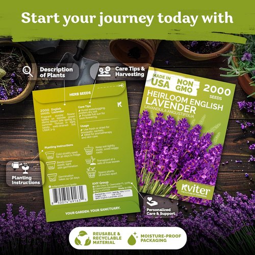 KVITER English Lavender Seeds - Heirloom Non-GMO Lavender (Lavandula Angustifolia) for Indoor & Outdoor Gardens | Organic Flower Seeds