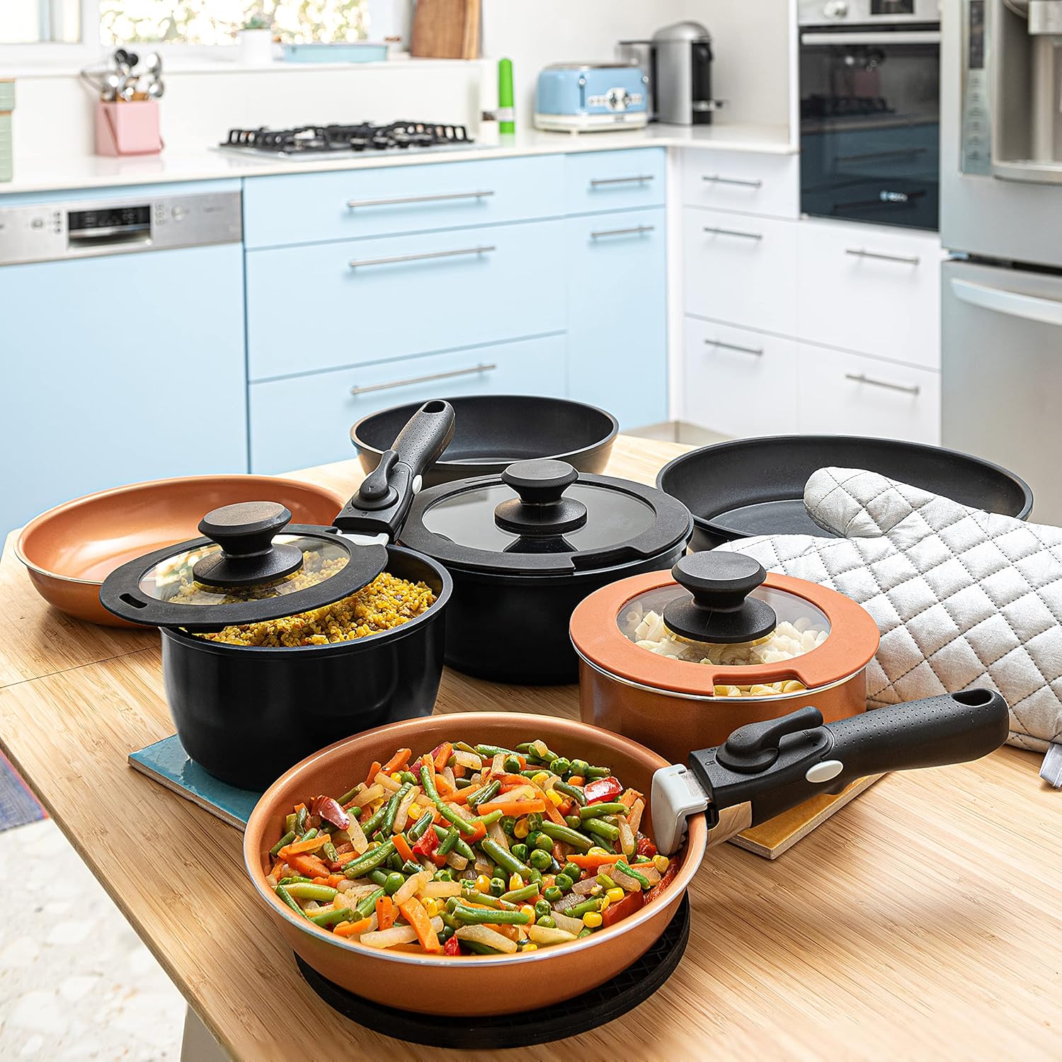 Moss & Stone Nonstick Cookware Set - 10-Piece Space-Saving Pots and Pans with Removable Handles | RV & Induction Ready