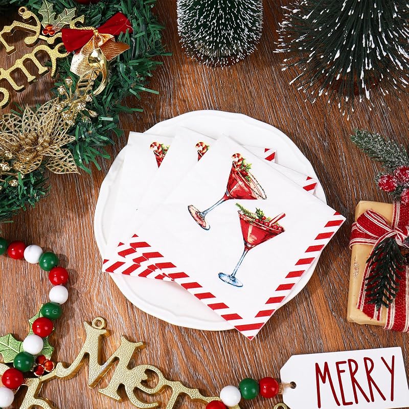 Christmas Martini Napkins 50Pcs - Red Stripe Disposable Paper Napkins 5x5in (10x10in) Santa Holiday Party