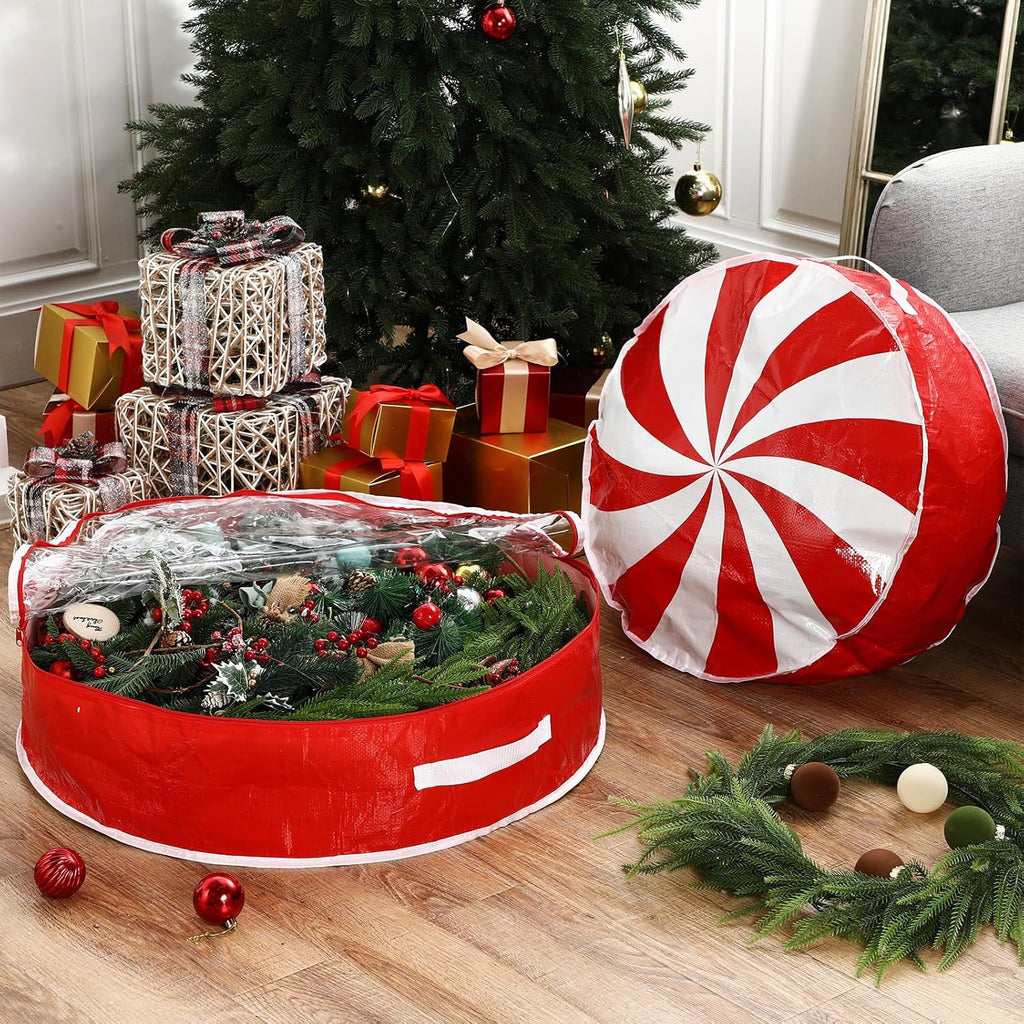 Regine Switzerland Christmas Wreath Storage Bag - 30 Inch Clear Window Design with Dual Zipper Handle | Red & White Peppermint Garland Organizer