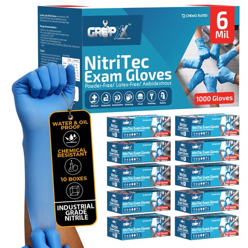 London Labs Heavy Duty 6 Mil Blue Nitrile Gloves Disposable Latex & Powder Free -Extra Stretchy Fentanyl Safe |Medical,First Aid Kit,EMT|Food Safe Rubber Gloves for Cooking & Cleaning|Bulk Pack (1000)