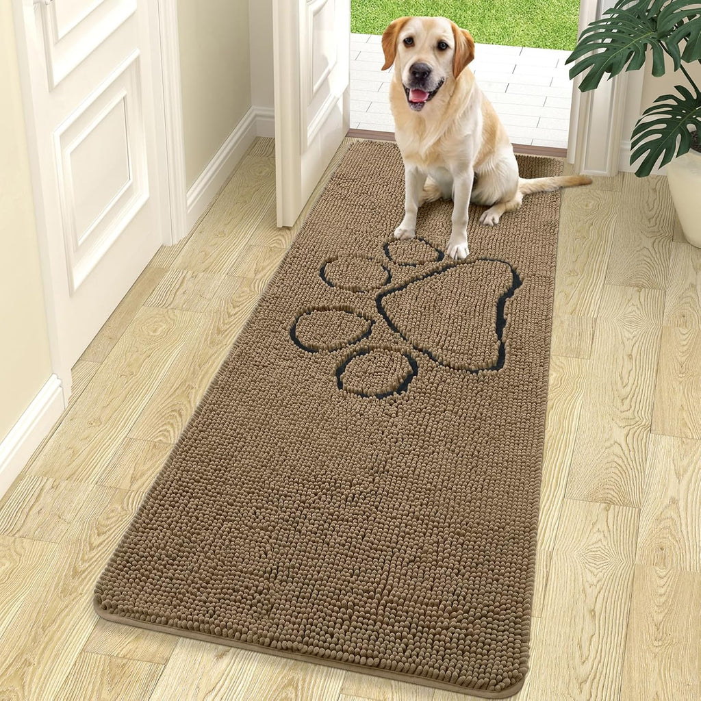 OLANLY Dog Door Mat - Absorbent Non-Slip Muddy Paws Design | Quick Dry Chenille 70x24 Tan Doormat