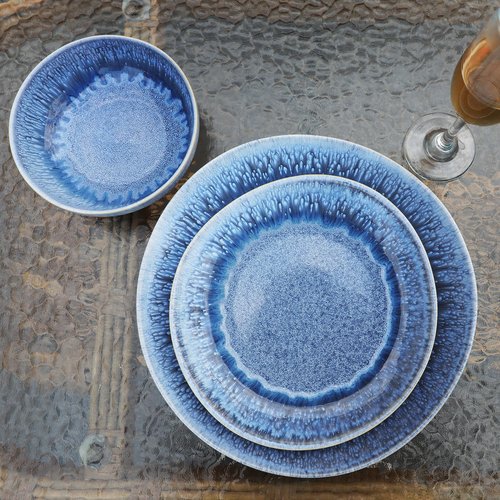 Dafuceramic 12 Pieces Stoneware Dinnerware Set, Modern Reactive glaze Dish Set for 4, Premium Serving Plates and Bowls Sets,Series MOON(SKY BLUE)