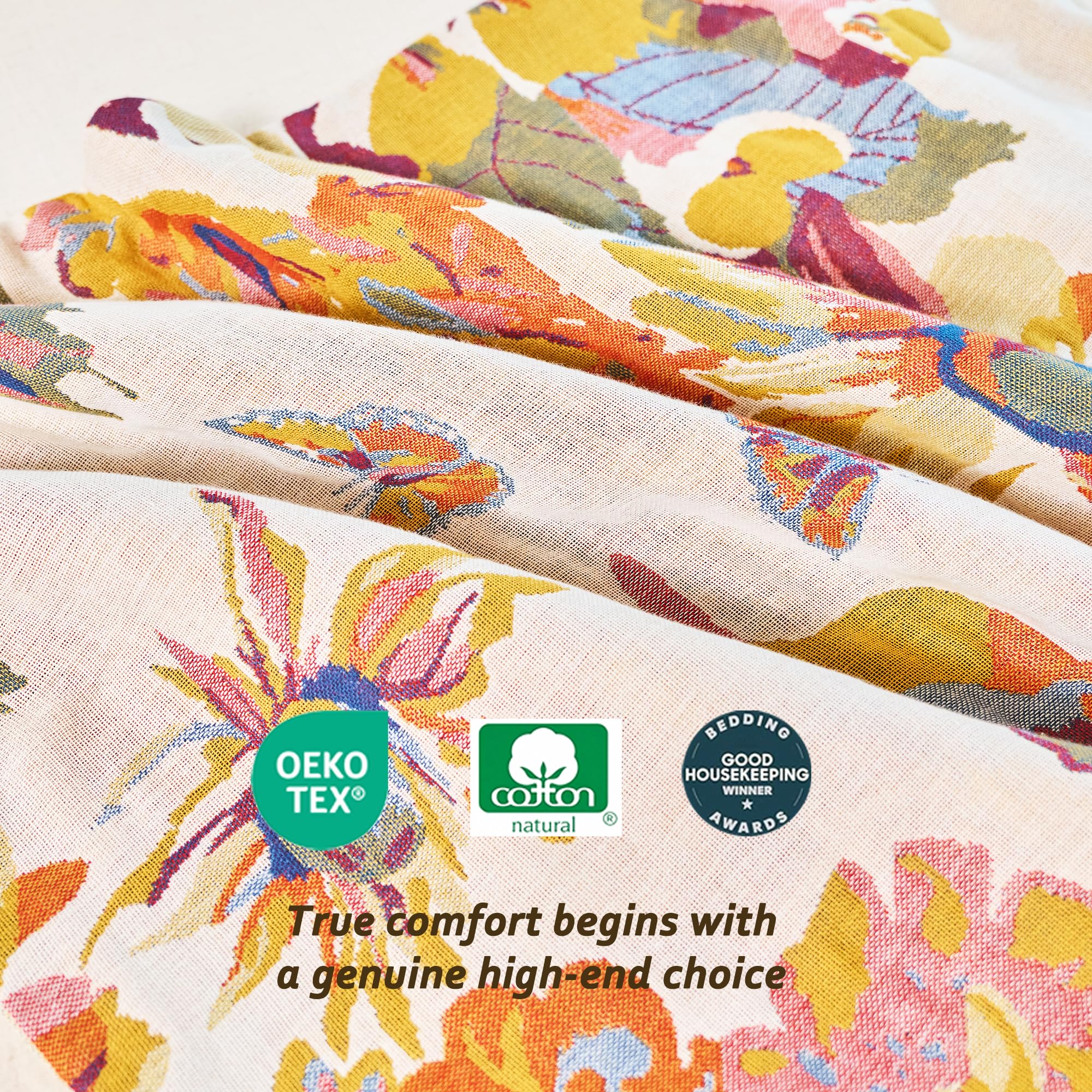 VANJOROY 100% Organic Washed Cotton Queen Pillowcases for Skin-Friendly Set of 2-1000 Thread Thick Count 20x30 Inches Luxury Boho Pillow Cases, Muslin Bird Floral Pattern Pillow Cover -Beige