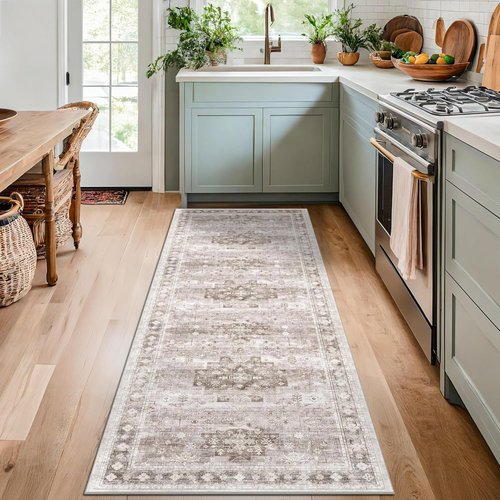 Hazo Haus Boho Runner Rug - 2x7 Long Neutral Farmhouse Design | Vintage Floral, Non-Slip, Washable, Latte Beige