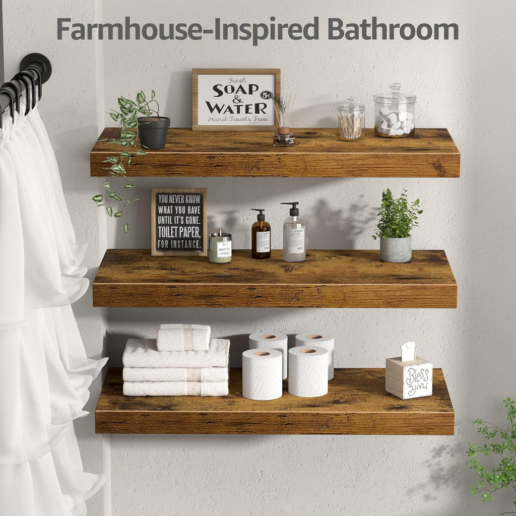 QEEIG 10" Deep Floating Shelves - Rustic Brown Wall-Mounted Bookshelf Set of 3 for Bathroom, Bedroom, Kitchen, Living Room