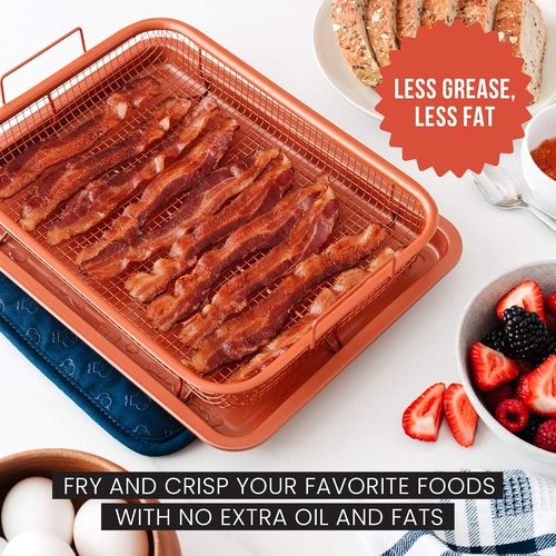 Chef Pomodoro Air Fryer Tray - Copper Crisper & Baking Pan Set for Toaster Oven | 2-Piece Rectangle