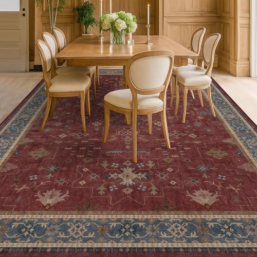 Hazo Haus Oriental Area Rug - Large 7x10 Burgundy Boho Design for Bedroom & Living Room | Washable Non-Slip