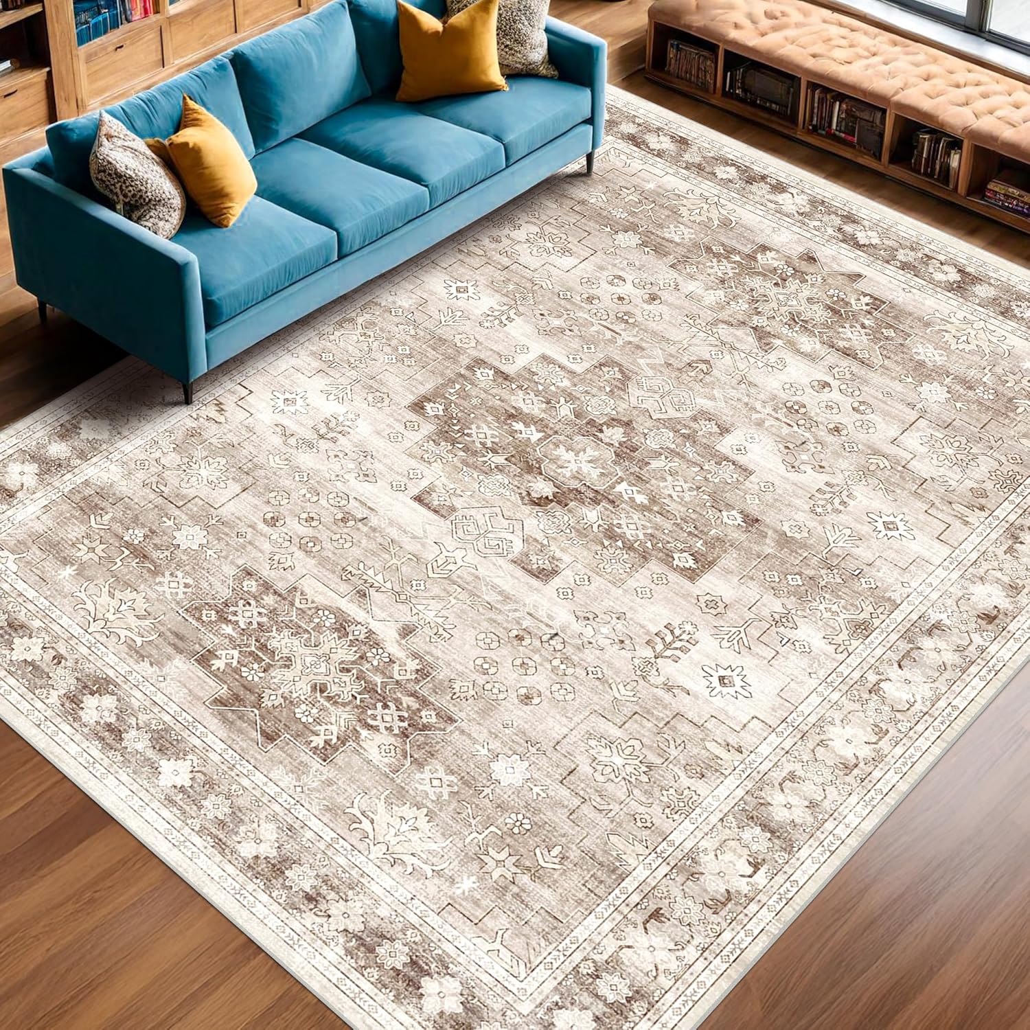 Skiennix Washable Area Rug - Large 9x12 Boho Vintage Floral Design | Non-Slip & Stain Resistant in Beige/Latte