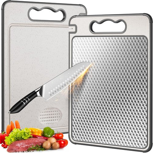 LOZOVIN Stainless Steel Cutting Board - Reversible 304 Steel & Wheat Straw, Dishwasher Safe, 14.4"x9.8", Grey