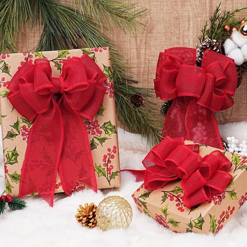 LaRibbons Red Burlap Wired Ribbon - 2.5 Inch x 12 Yards for Crafts, Wreaths, Bows & Gift Wrapping