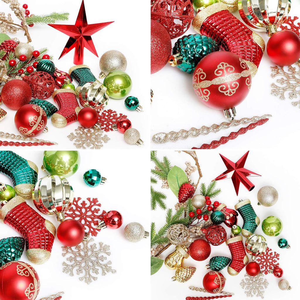 Roseleaf 132-Piece Christmas Tree Decoration Set - Shatterproof Red, Green & Gold Ornaments | Folk Art Style