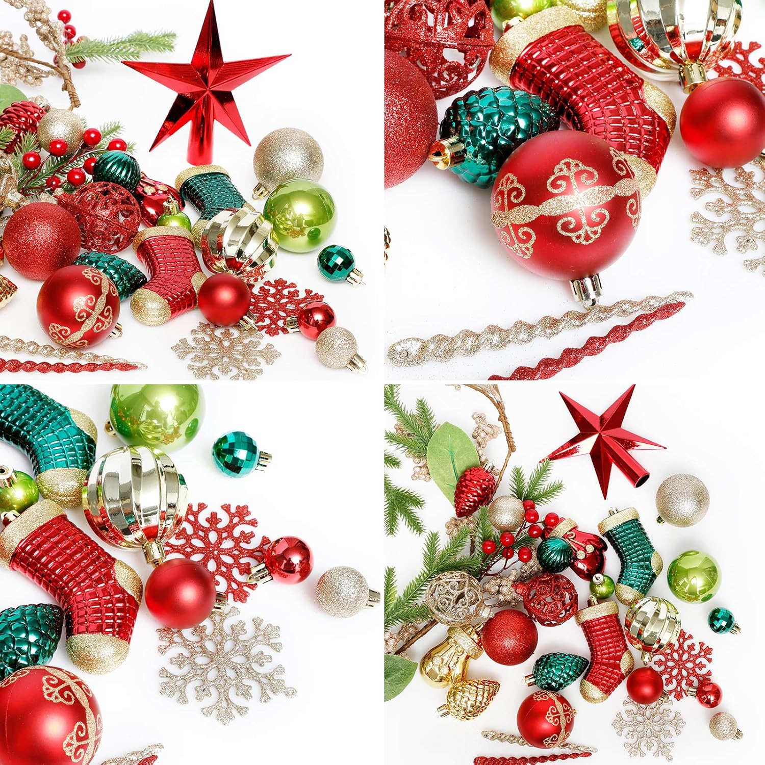 Roseleaf 132-Piece Christmas Tree Decoration Set - Shatterproof Red, Green & Gold Ornaments | Folk Art Style