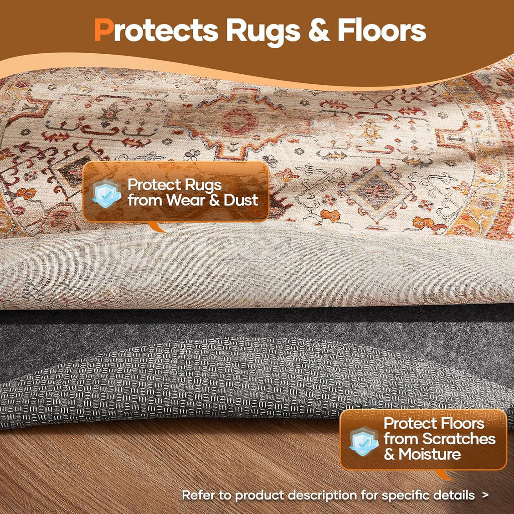 Veken Non-Slip Rug Pad - Cushioned Felt & Silicone Backing | 5 Ft Round, 1/8" Thick for Hardwood Floors