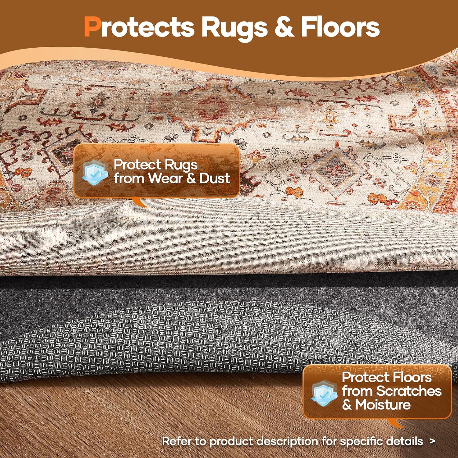 Veken Non-Slip Rug Pad - 6 Ft Cushioned Gripper with Felt & Silicone Backing for Hardwood Floors