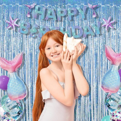 Blue Tinsel Curtain Streamers by [Brand Name] - Foil Fringe Party Backdrop for Engagement & Birthdays | 2 Pack 3.3x8.3ft