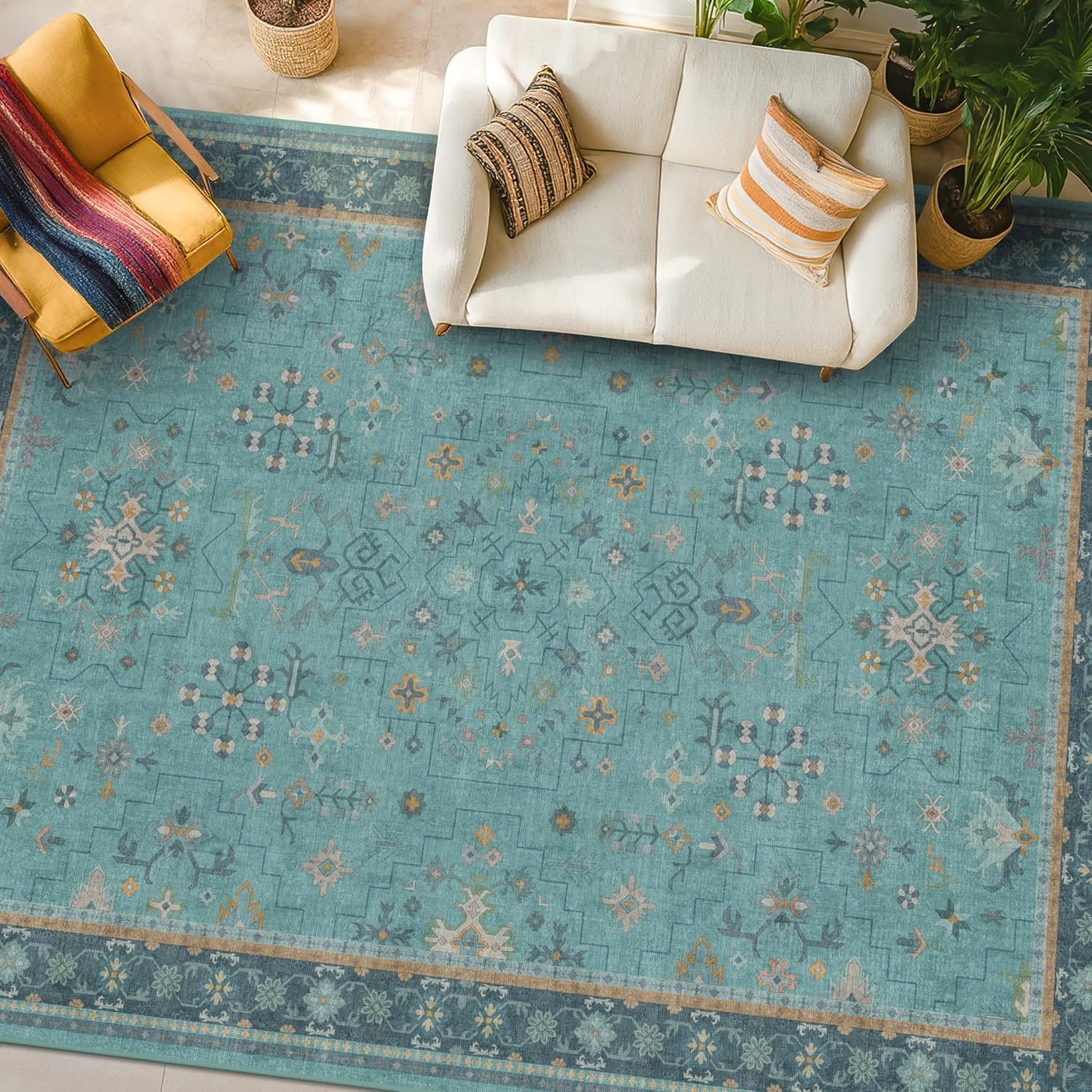 Boho 9x12 Large Teal Green Washable Rug - Vibrant Turquoise Carpet for Living Room, Bedroom & Dining Room