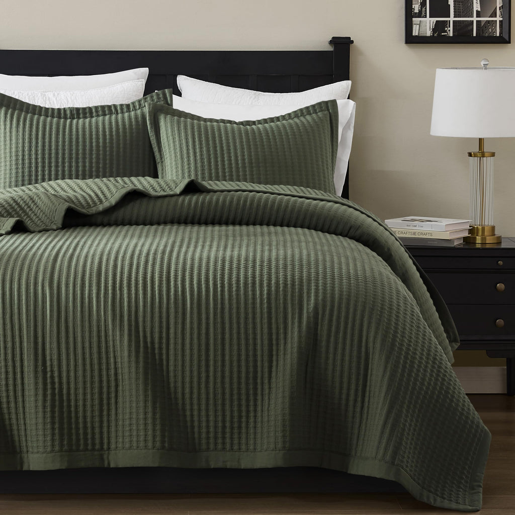 WDCOZY Olive Green Queen Size Quilt Set, Striped Pick Stitch Lightweight Bedspread, Soft Channel Farmhouse Rustic Coverlet, Spring Summer Thin Comforter, Country Bedding, 90x90 inches