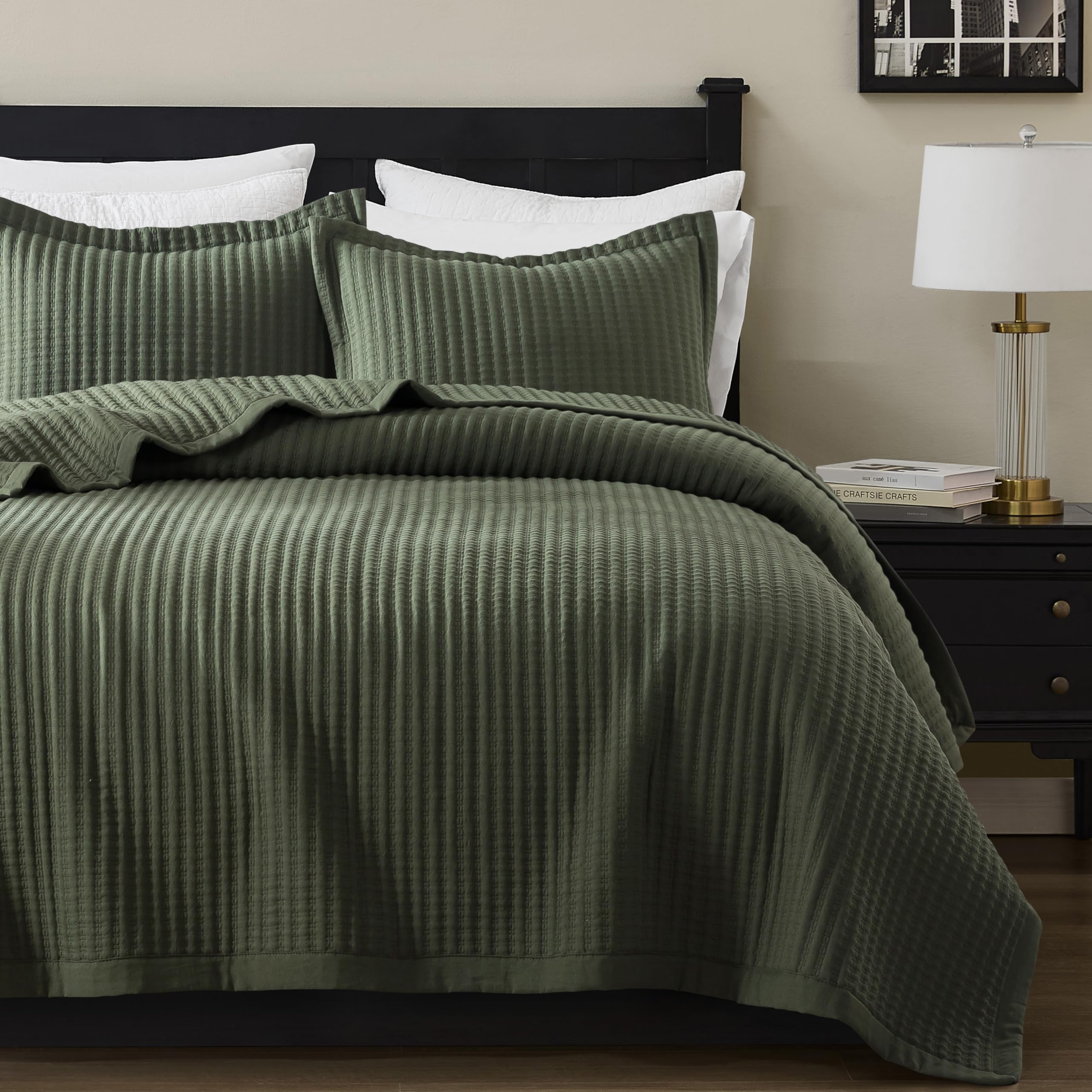 WDCOZY Olive Green Queen Size Quilt Set, Striped Pick Stitch Lightweight Bedspread, Soft Channel Farmhouse Rustic Coverlet, Spring Summer Thin Comforter, Country Bedding, 90x90 inches