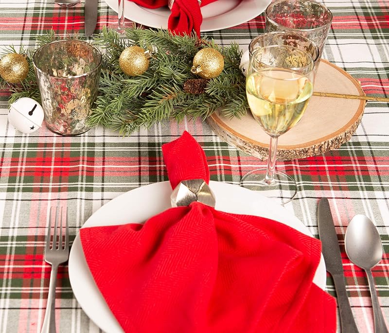 DII Red Green White Tartan Tablecloth 60x104 Inch – Cotton, Seats 8-10