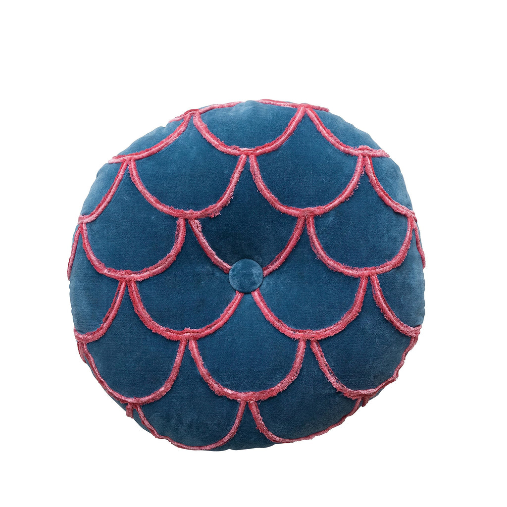 18 Inches Round Cotton Pillow with Tufted Scallop Pattern, Navy Blue and Pink
