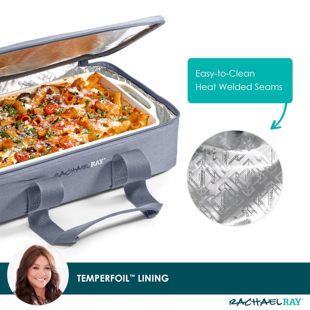 Rachael Ray Lasagna Lugger, Thermal Insulated Casserole Carrier for Hot or Cold Food, Lugger Tote for Potluck, Parties, Picnic, and Cookouts, Fits 9" x 13" Baking Dish, Slate Stripe