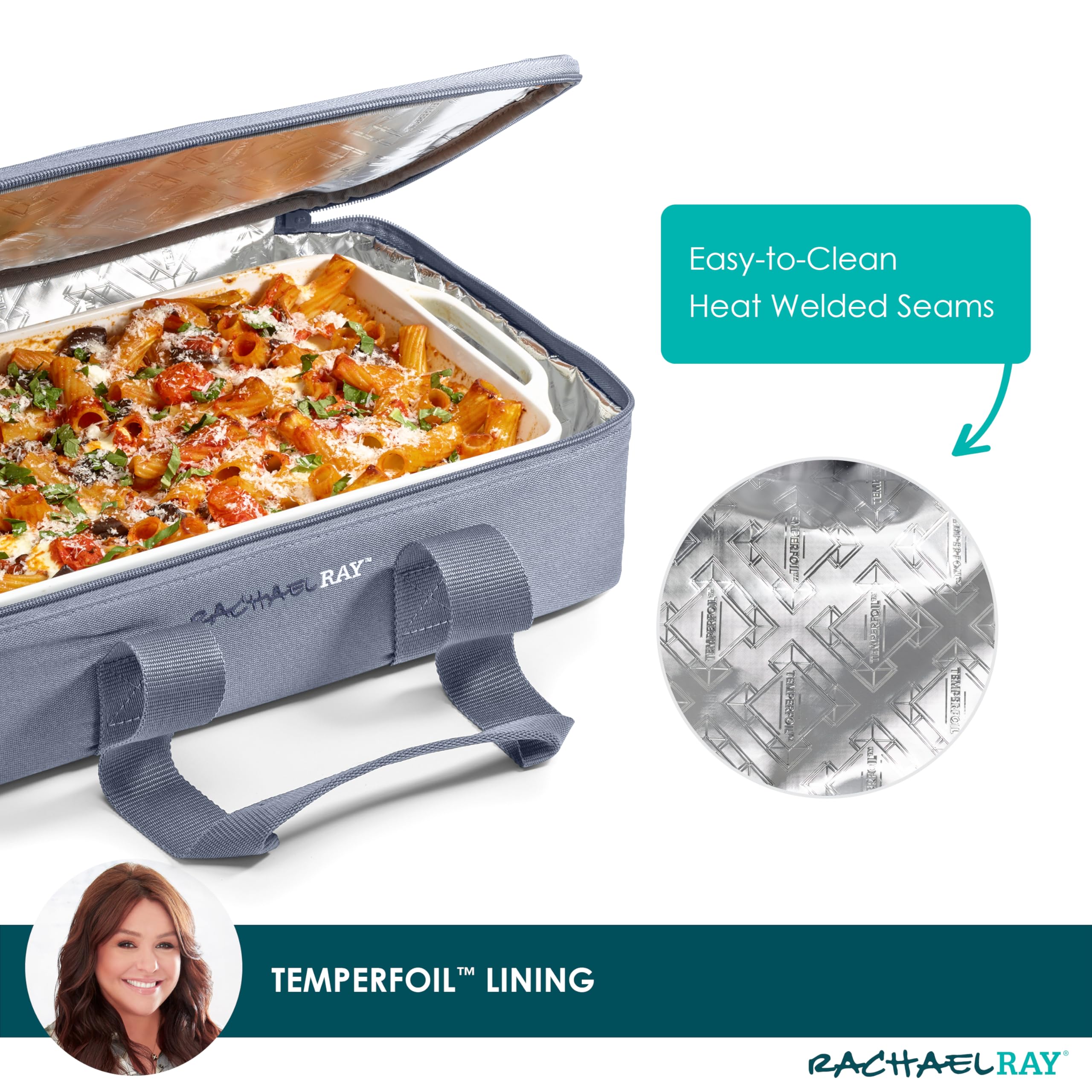 Rachael Ray Lasagna Lugger, Thermal Insulated Casserole Carrier for Hot or Cold Food, Lugger Tote for Potluck, Parties, Picnic, and Cookouts, Fits 9" x 13" Baking Dish, Slate Stripe