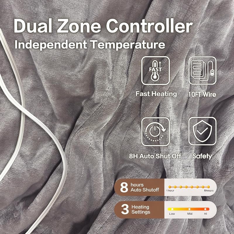 Queen Heated Blanket 84x90 with Dual Controls, Soft Flannel 3 Heat Settings - Camel Grey