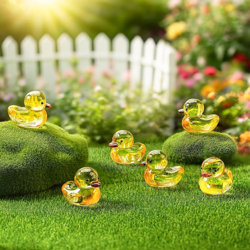 H&D Hyaline & Dora Mini Yellow Glass Duck Figurines - 6 Pcs Crystal Animal Sculptures for Home Decor | 1.3 Inch
