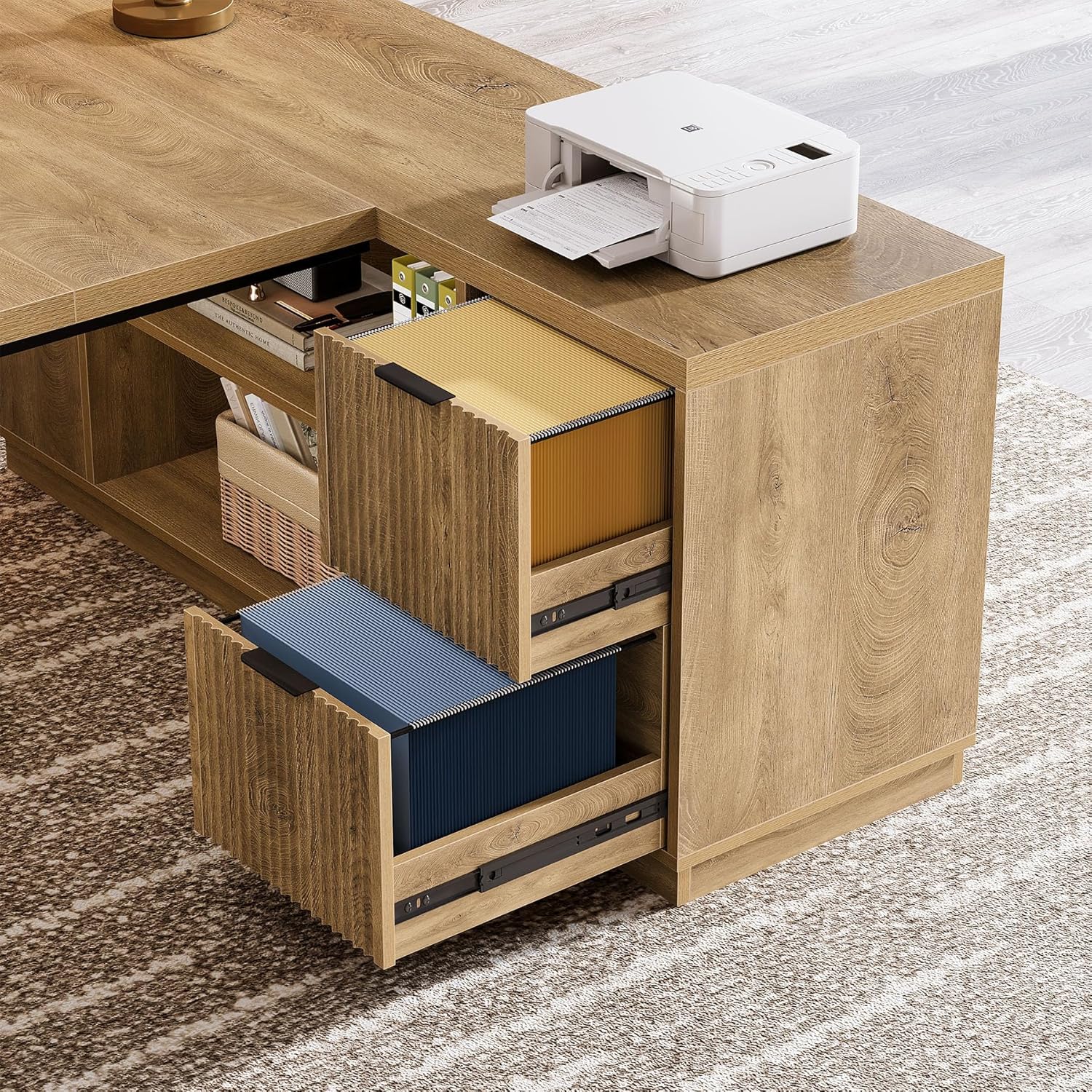 Tribesigns L Shaped Desk - Modern 78" Executive Office Table with Drawers & File Cabinet | Brown