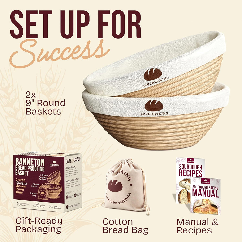 Superbaking Banneton Bread Proofing Basket Set - 9" Round Rattan with Liners for Sourdough Baking