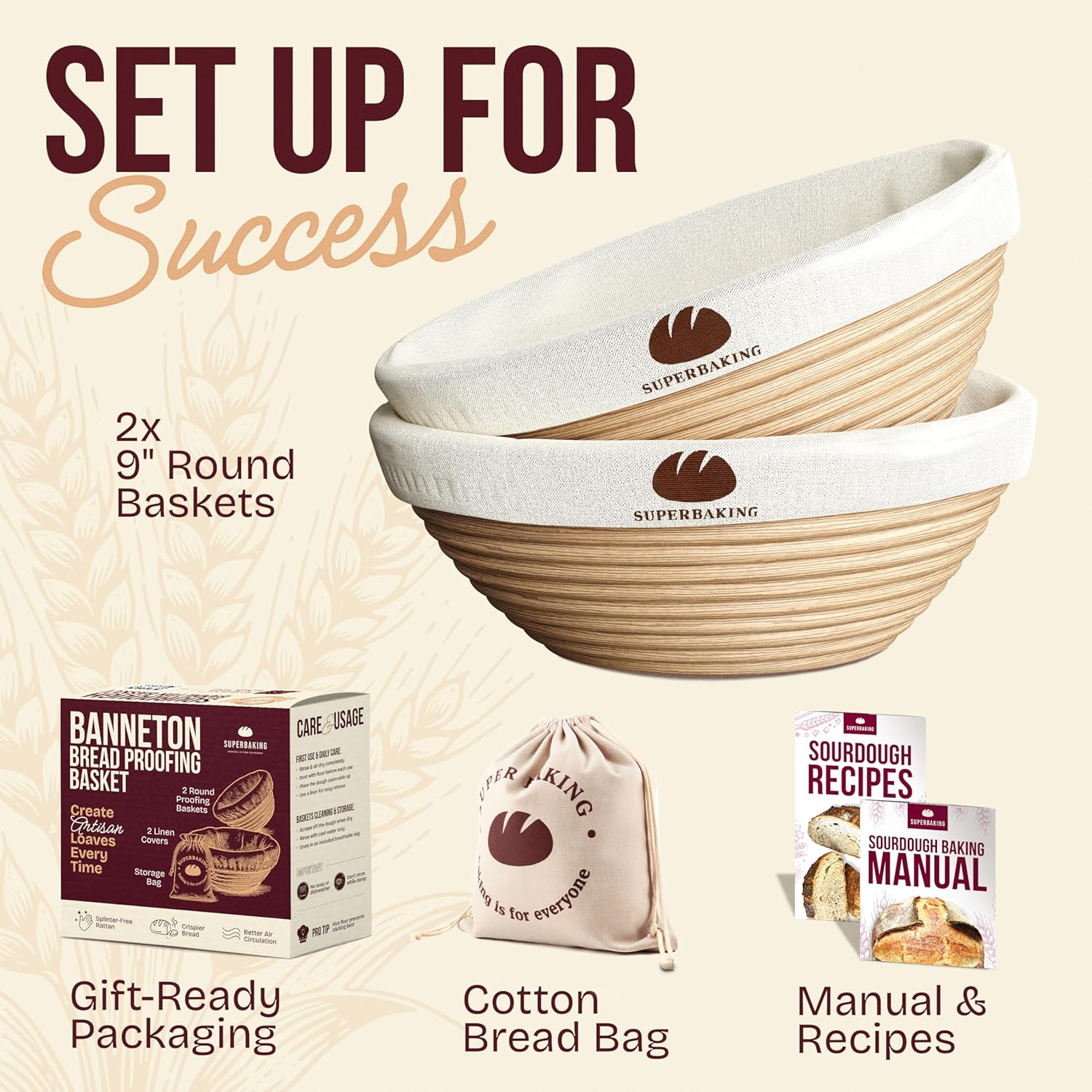 Superbaking Banneton Bread Proofing Basket Set - 9" Round Rattan with Liners for Sourdough Baking