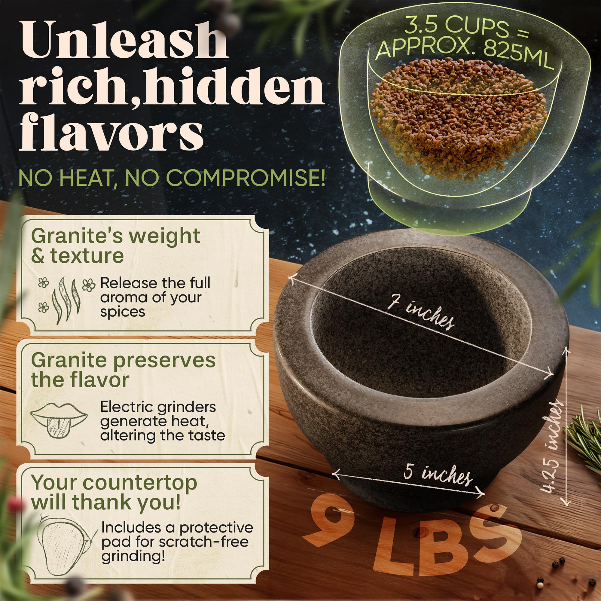ChefSofi Mortar and Pestle Set - Black Polished Exterior - 3.5 Cup Capacity