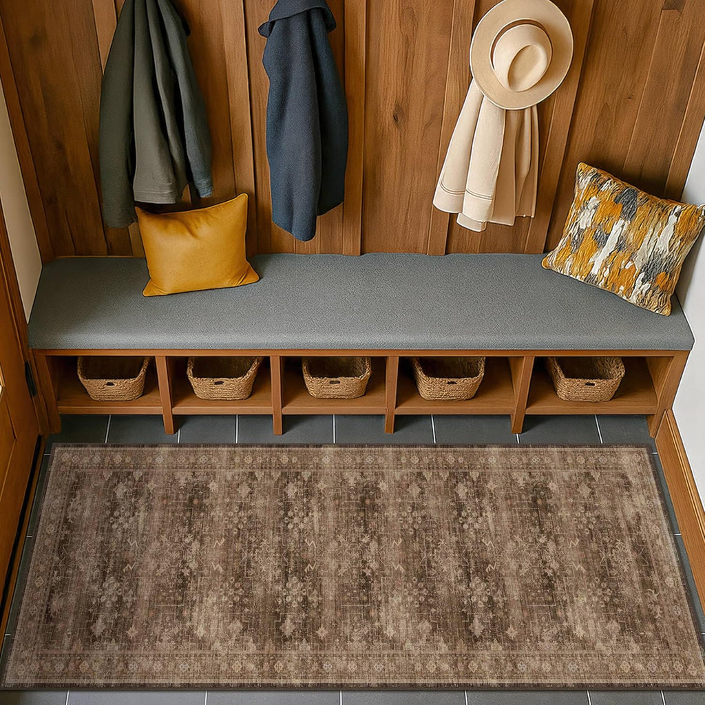 Skiennix Brown Boho Runner Rug - Washable, Non-Slip, Soft Faux Wool | 2x6 ft for Hallway, Kitchen, Bedroom